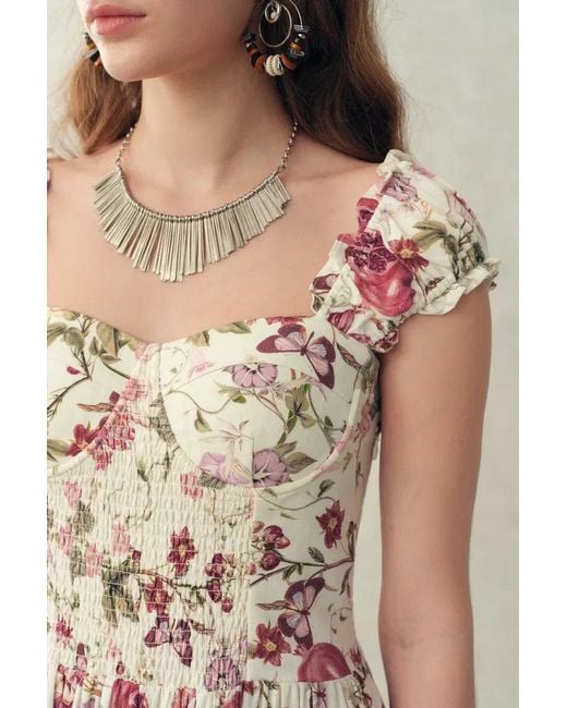Fabrique Brown Ria Smocked Pomegranate Print Strap Dress With Built-In Cups