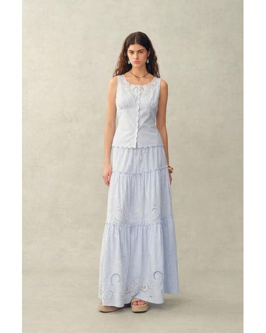 Fabrique Blue Lone Striped Embroidered Sleeveless Lace Trim Cami Top And Skirt Set