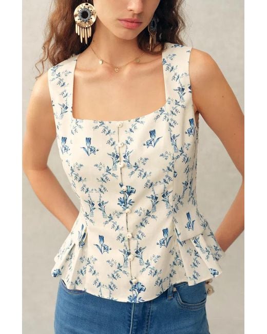 Fabrique Blue Elara Pleated Floral Square Neck Pearl Button Sleeveless Top