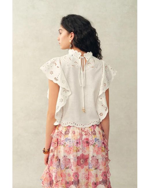 Fabrique Natural Lilou French Cutwork Embroidery Ruffle-Sleeve Top And Pants Matching Set