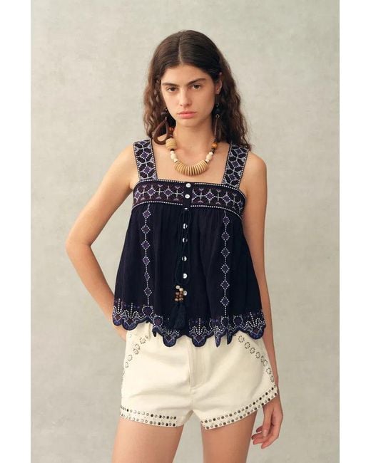 Fabrique Blue Blaze Boho Embroidery Fringe Tie Front Sleeveless Top