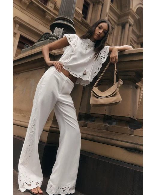 Fabrique Natural Lilou French Cutwork Embroidery Ruffle-Sleeve Top And Pants Matching Set