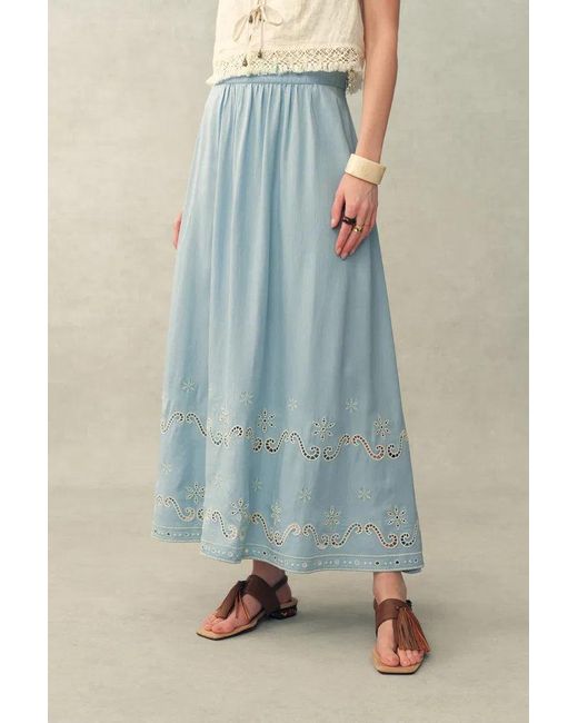 Fabrique Blue Marmont Pin Tuck Embroidery Blouse And Skirt Matching Set