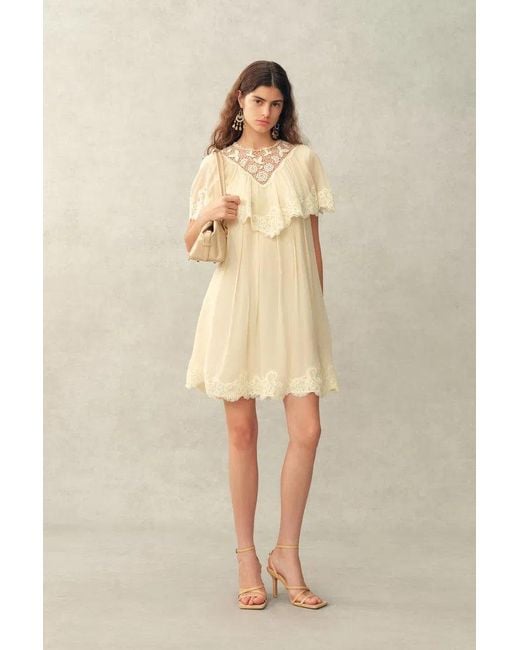 Fabrique Brown Sophia Lace Embroidery Capelet Short Sleeve Dress