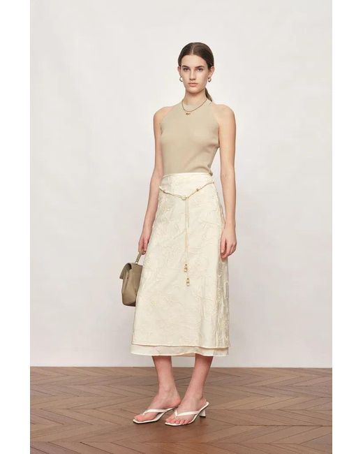 Fabrique Natural Korin Koi Embroidered Tie-Waist Skirt