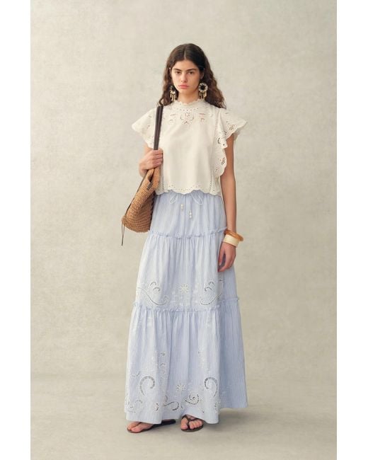 Fabrique Blue Bree Striped Embroidered Drawstring Tiered Skirt
