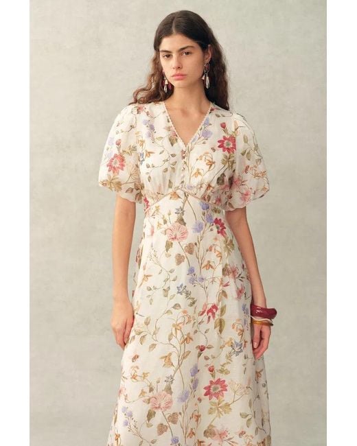 Fabrique Green Willa Floral Print V Neck Puff Sleeve Dress