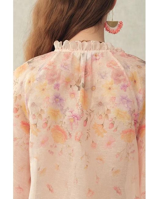 Fabrique Natural Lillian Handpainted Floral Embroidery Sheer Ombré Print Blouse And Shorts Set