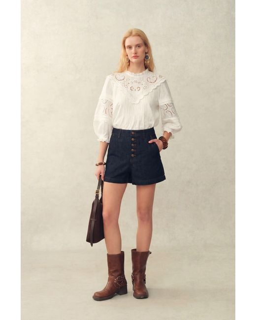 Fabrique Natural Iris V-Seam Embroidery Puffy Sleeve Blouse