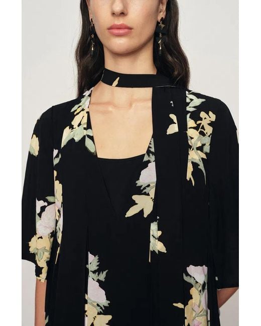 Fabrique Black Aria Floral Tie Neck Elbow Sleeve Dress