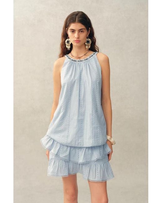 Fabrique Blue Hazel Boho Embroidery Jacquard Halterneck Sleeveless Top And Pants Set