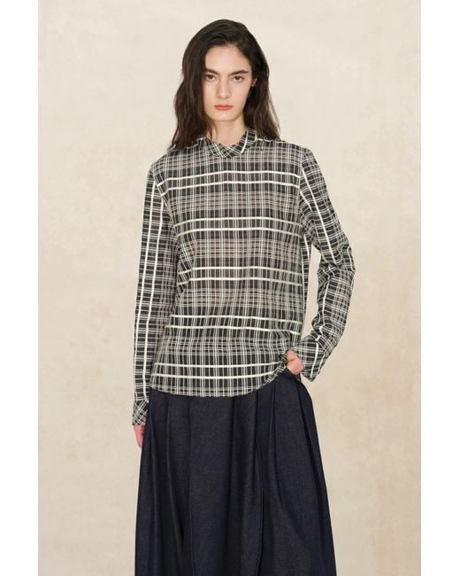 Fabrique Natural Raven Plaid Mock Neck Tie Back Shirt