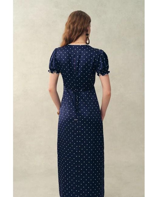 Fabrique Blue Carole French Style Polka Dot Squre Neck Puff Sleeve Dress