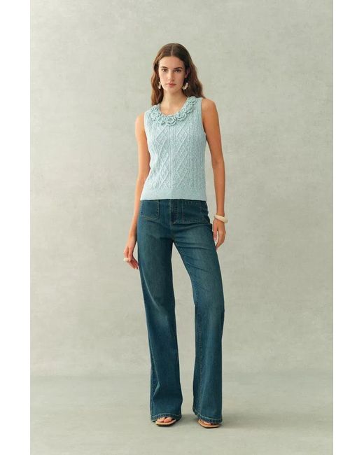 Fabrique Blue Freya Hand Crocheted Flowers Sleeveless Vest Top
