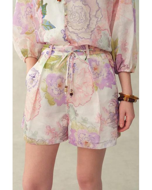 Fabrique Pink Yori Handpainted Floral Print Sheer Beaded Belt Shorts
