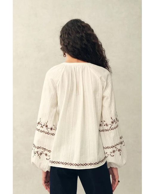 Fabrique Natural Brioche Beaded Tassel Tie Embroidery Blouse