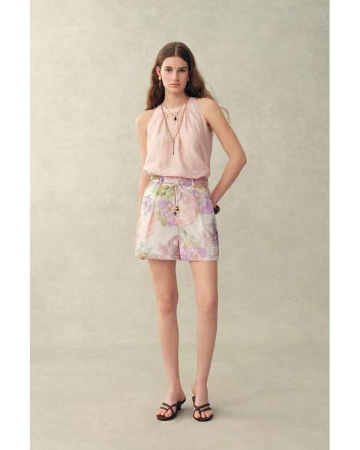 Fabrique Pink Yori Handpainted Floral Print Sheer Beaded Belt Shorts