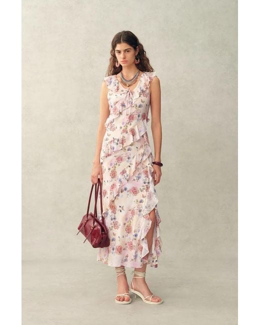 Fabrique Natural Alice Handpainted Floral Bias Cut Ruffed Sleeveless Dress