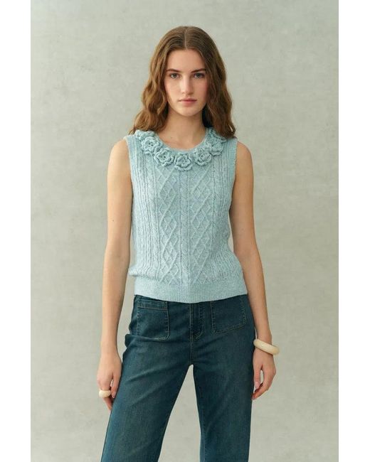 Fabrique Blue Freya Hand Crocheted Flowers Sleeveless Vest Top