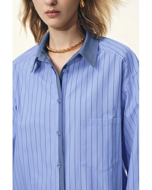 Fabrique Blue Blair Contrast Collar Striped Denim Patchwork Shirt