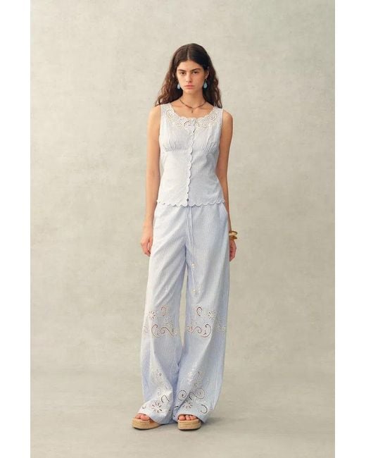 Fabrique Blue Holly Striped Embroidered Drawstring Wide Leg Pant