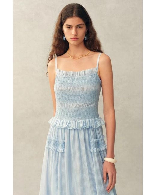 Fabrique Green Cirra Smocked Ruffle Trim Striped Sleeveless Cami Dress