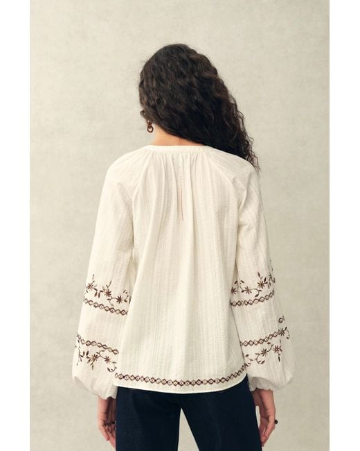 Fabrique Natural Brioche Beaded Tassel Tie Embroidery Blouse