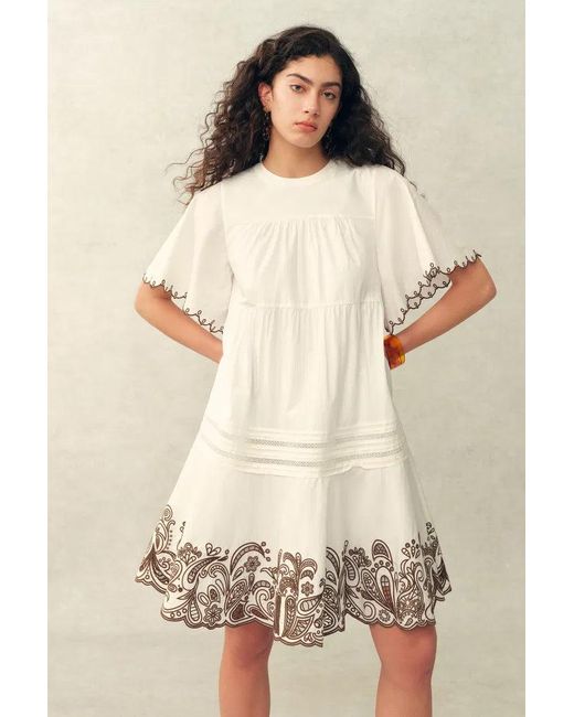 Fabrique White Margaret Contrast Paisley Embroidery Short Dress