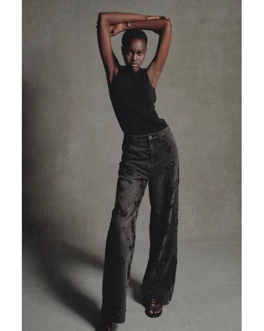Fabrique Black Star Hand Beaded Rose Embellishment Straight Leg Jeans