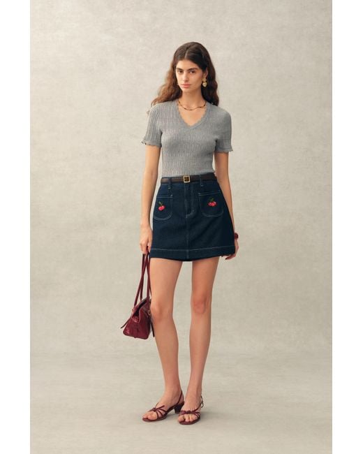 Fabrique Blue Evie V Neck Pointelle Short Sleeve Top