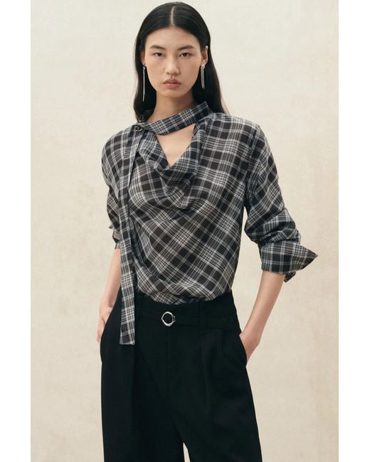 Fabrique Natural Fern Plaid Scarf Tie Blouse