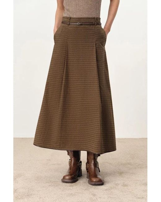 Fabrique Brown Naomi Leather Belted Plaid Skirt