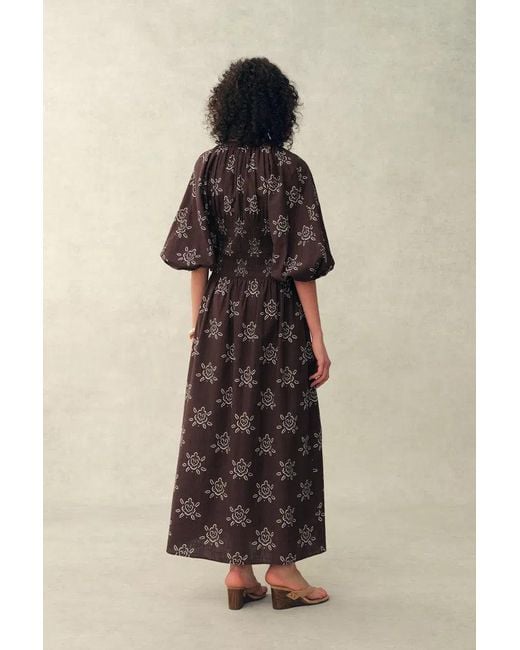 Fabrique Natural Cleo Smocked Handpainted Floral Puff Sleeve Midi Dress