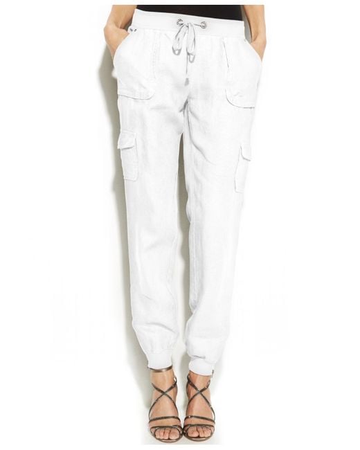 INC International Concepts White Drawstring-Waist Linen Cargo Pants