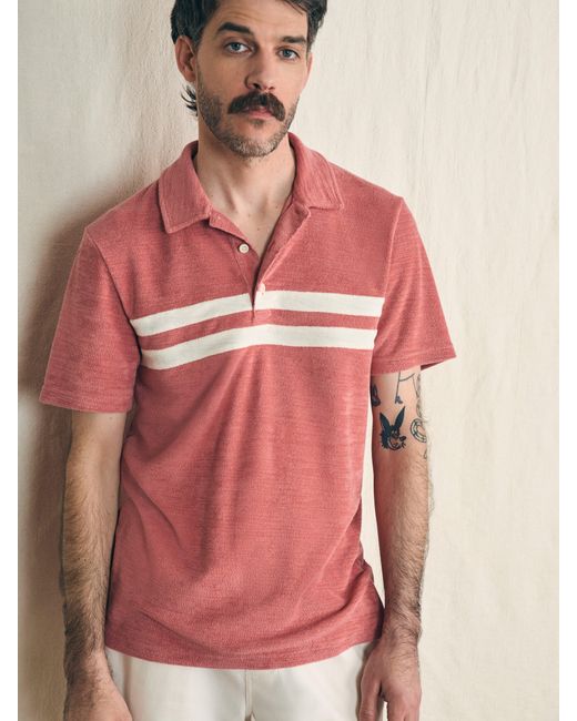 Faherty Brand Pink Cabana Towel Terry Surf Stripe Polo Shirt for men