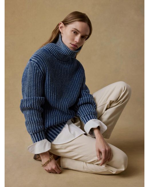 Faherty Brand Blue Sunwashed Cotton Oversized Turtleneck Sweater