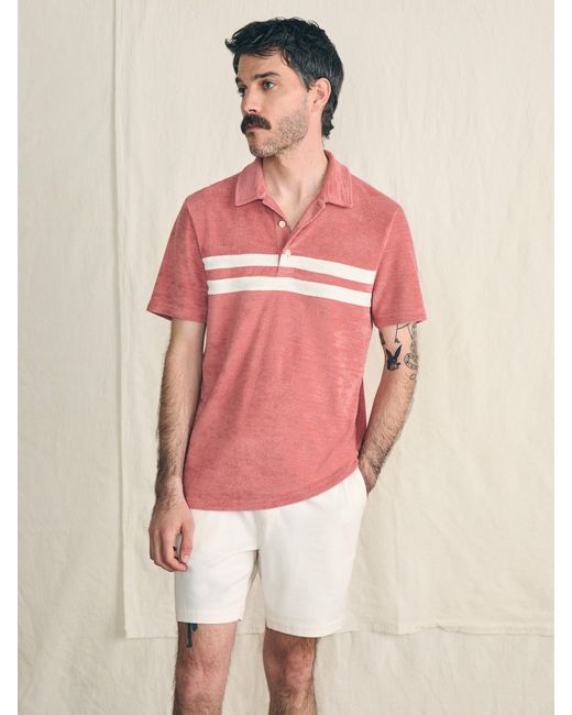 Faherty Brand Pink Cabana Towel Terry Surf Stripe Polo Shirt for men