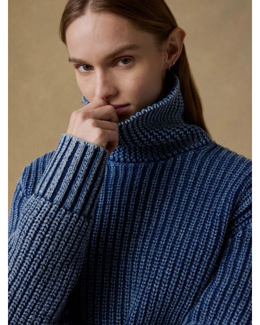 Faherty Brand Blue Sunwashed Cotton Oversized Turtleneck Sweater