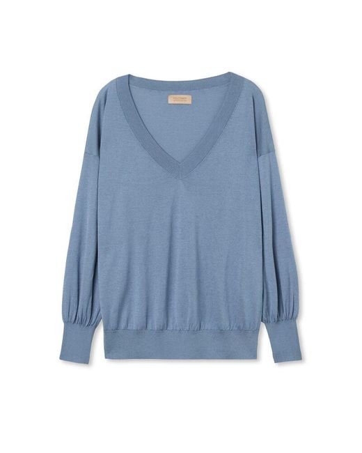 Falconeri Blue V-neck Silk And Cotton Jumper With Balloon Sleeves