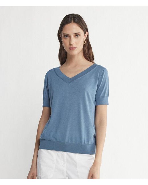 Falconeri Blue Short-sleeved V-neck Silk And Cotton Jumper