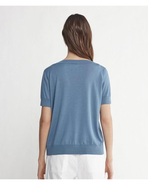 Falconeri Blue Short-sleeved V-neck Silk And Cotton Jumper