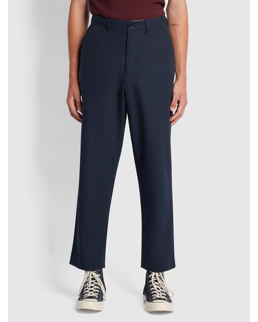 Farah Blue Hawtin Relaxed Fit Hopsack Cropped Trousers for men