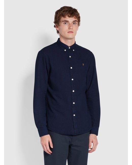 Farah Blue Brewer Slim Fit Organic Cotton Oxford Shirt for men