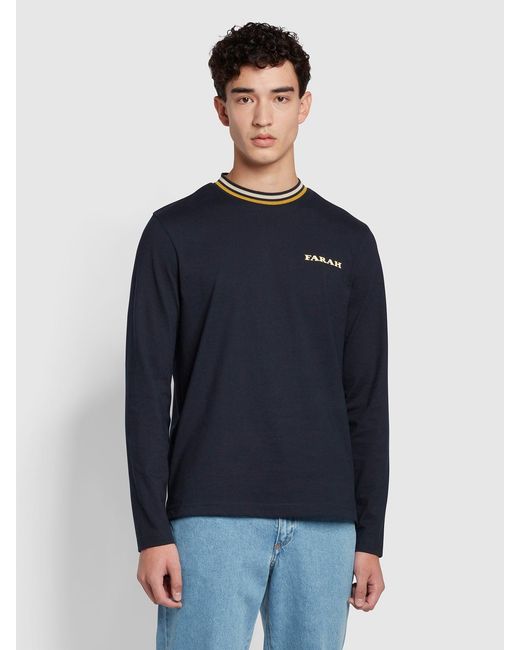 Farah Blue Colorado Tipped Collar Long Sleeve T-Shirt for men