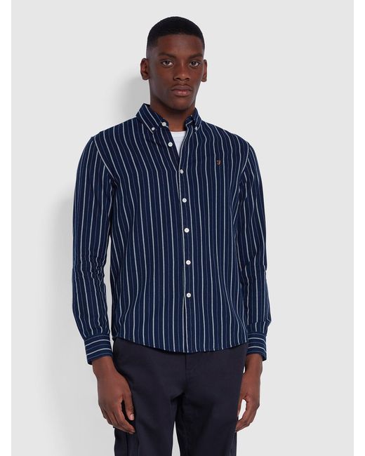 Farah Blue Brewer Casual Fit Striped Organic Cotton Shirt for men