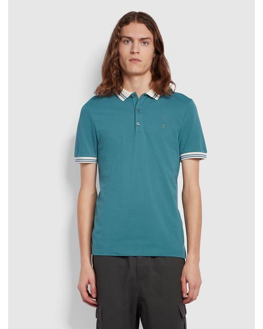 Farah Blue Stanton Slim Fit Tipped Organic Cotton Polo Shirt for men