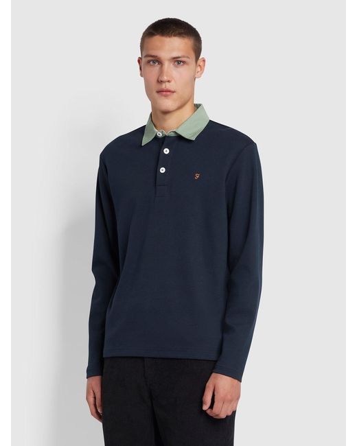 Farah Blue Ward Regular Fit Organic Cotton Rugby Shirt for men