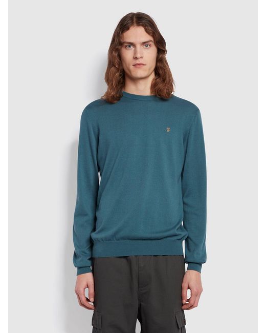 Farah Blue Mullen Slim Fit Crew Neck Cotton Jumper for men
