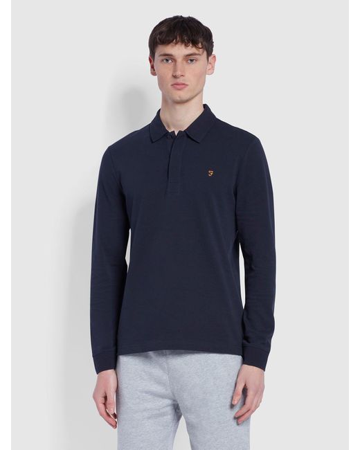Farah Blue Haslam Slim Fit Long Sleeve Organic Cotton Polo Shirt for men