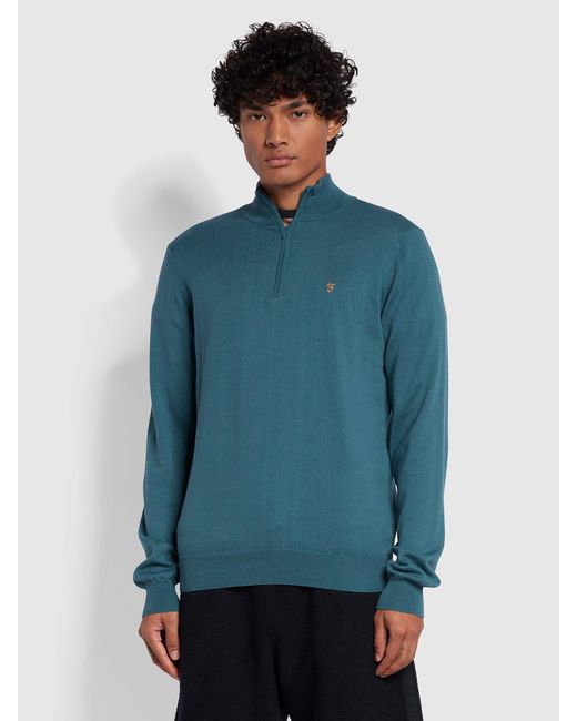 Farah Blue Redchurch Slim Fit Cotton Quarter Zip Jumper for men